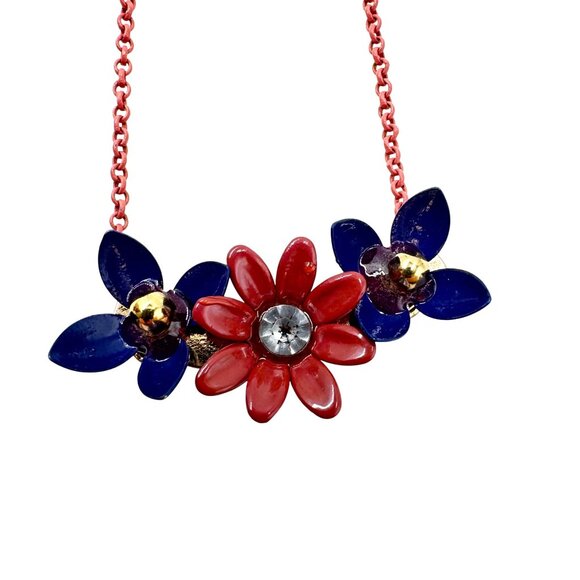 Vintage Red & Blue Floral Necklace With Rhinestone Centerpiece & Pink 14" Chain - Picture 4 of 9